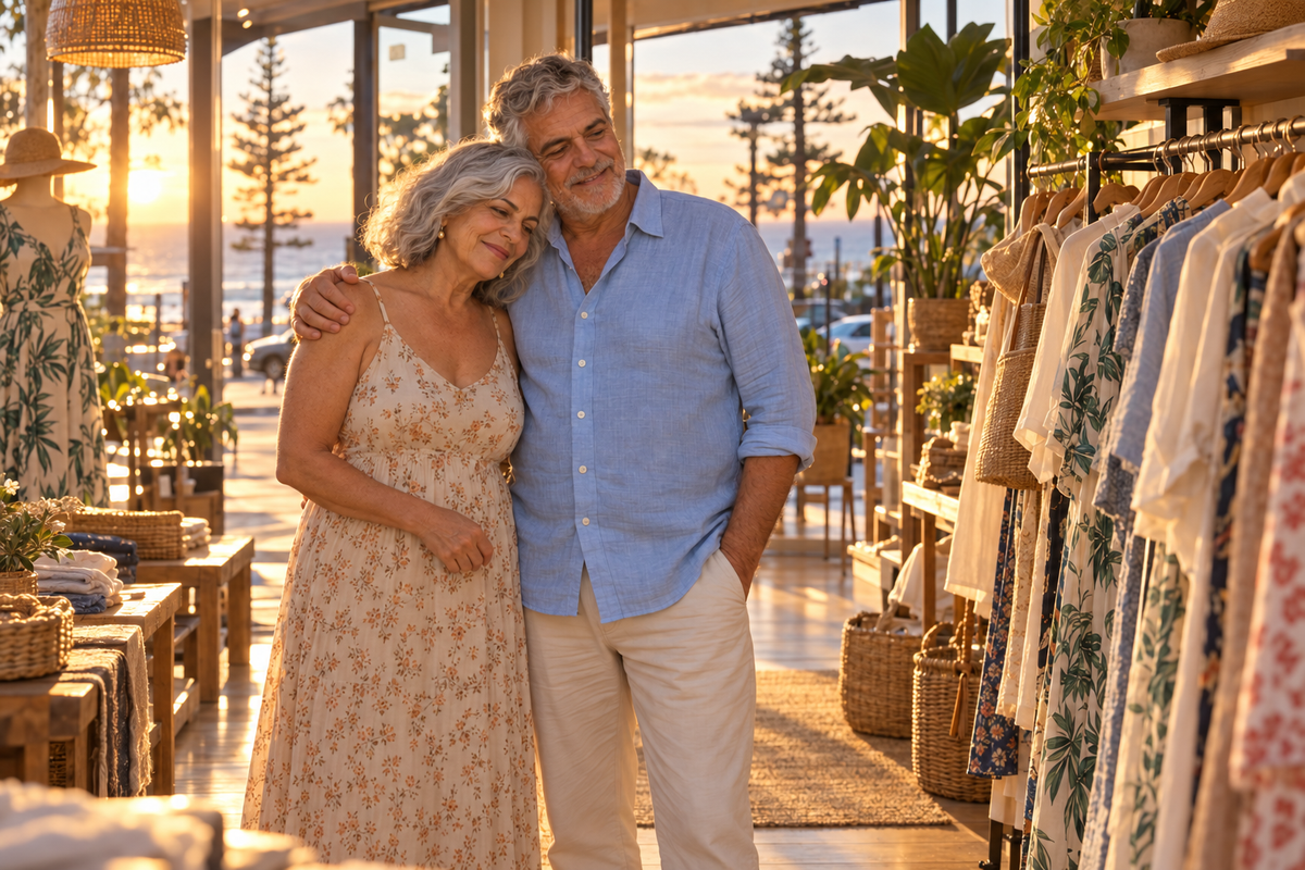 Marlowe and James inside their shop at sunset during the closing sale