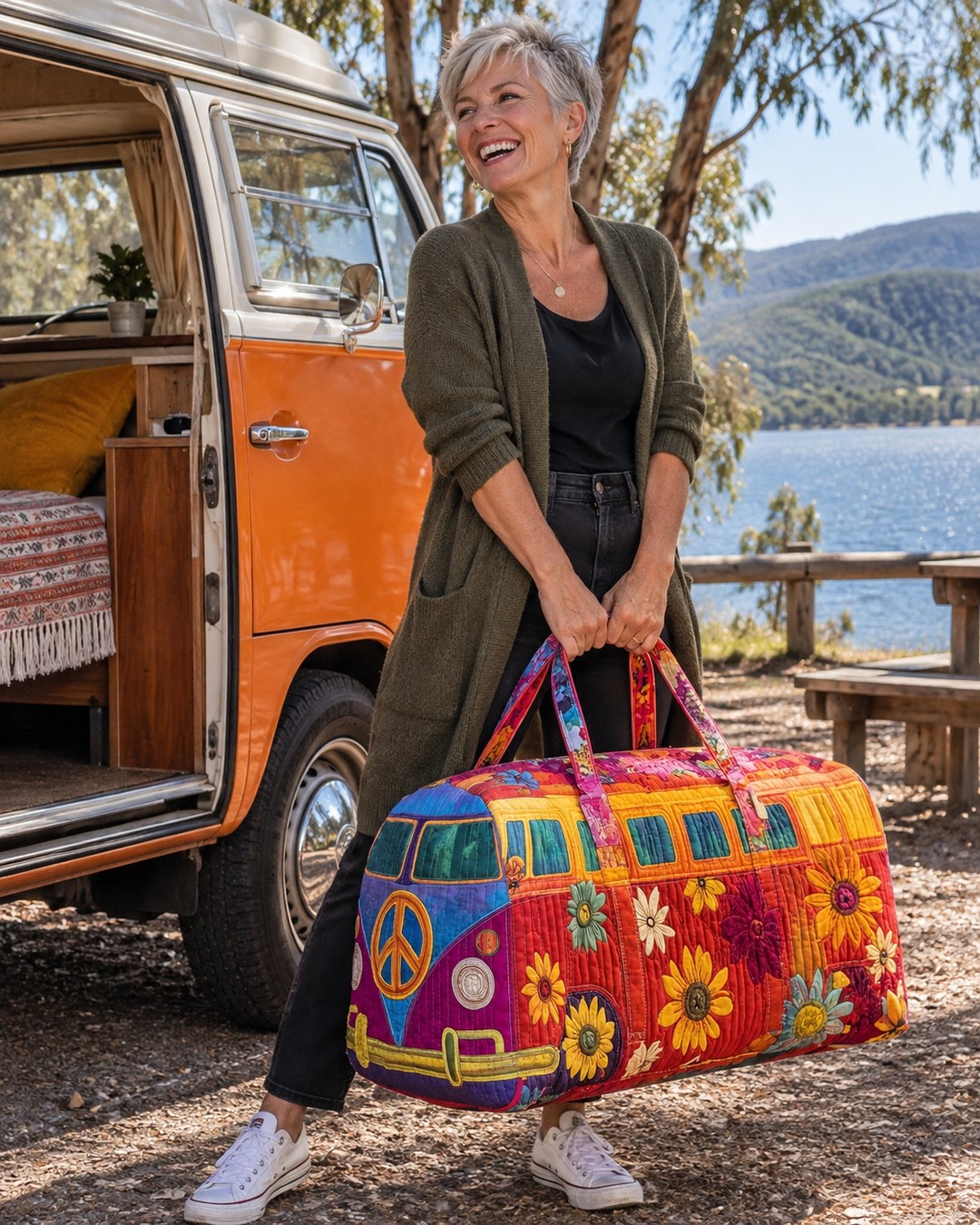 Barb K. with her camper van bag