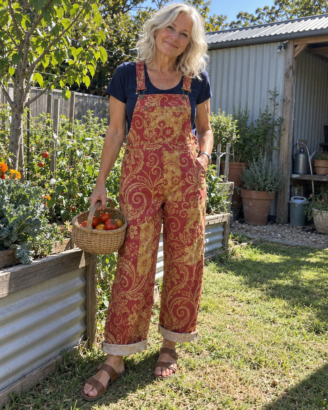 Kaye R. wearing overalls