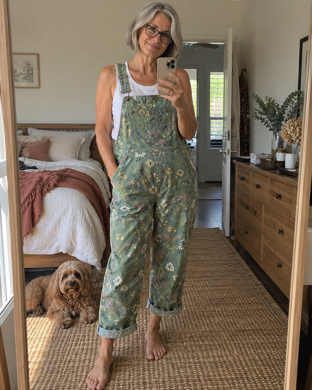 Denise T. wearing overalls