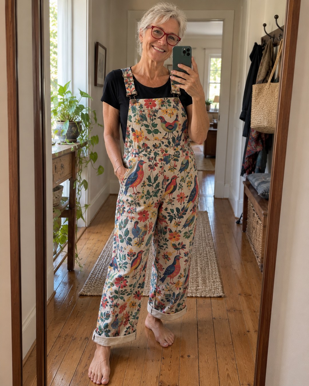 Joy C. wearing overalls