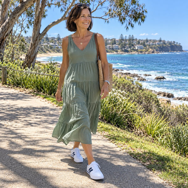 Customer wearing lightweight comfort sneakers