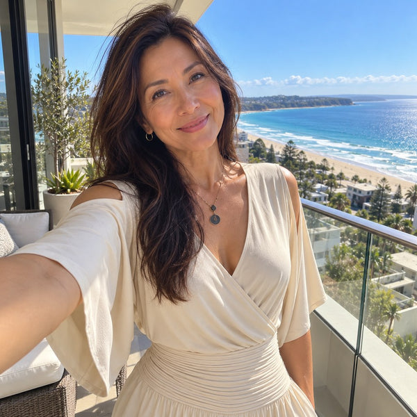 Customer wearing wrap-front wide-leg jumpsuit