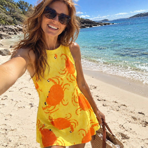 Customer wearing crab print mini dress