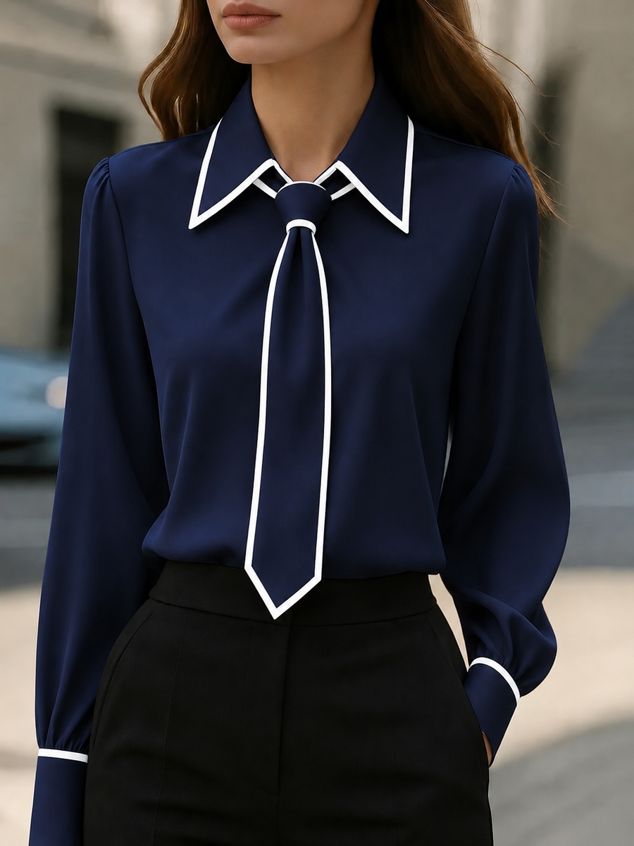 Monaco Contrast Tie Blouse - Navy