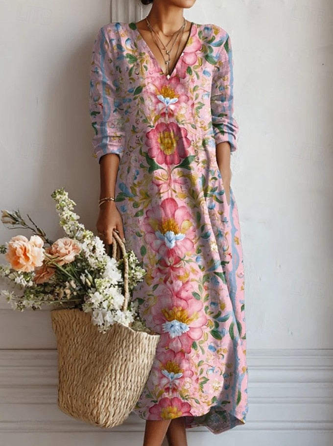 Angie — Pink Painterly Floral V-Neck Boho Maxi Dress