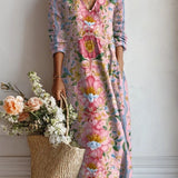 Angie — Pink Painterly Floral V-Neck Boho Maxi Dress