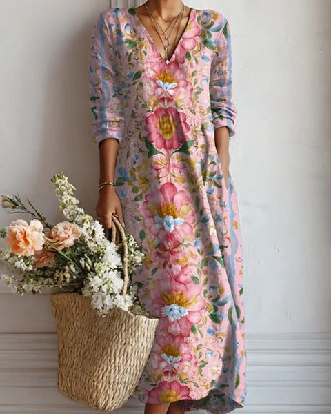 Angie — Pink Painterly Floral V-Neck Boho Maxi Dress