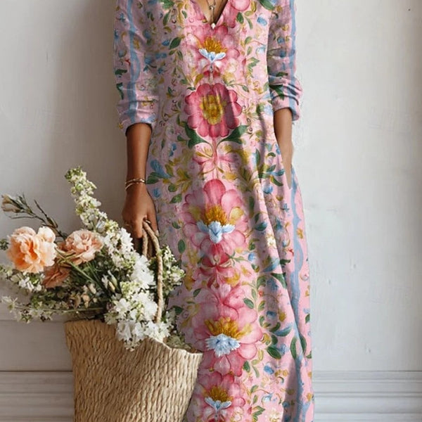 Angie — Pink Painterly Floral V-Neck Boho Maxi Dress