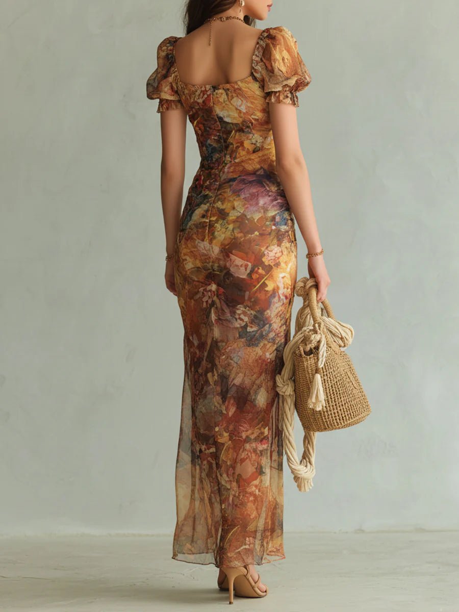 Elfriede — Orange Floral Maxi Dress with Ruffle Sleeves and Front Slit