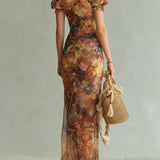 Elfriede — Orange Floral Maxi Dress with Ruffle Sleeves and Front Slit