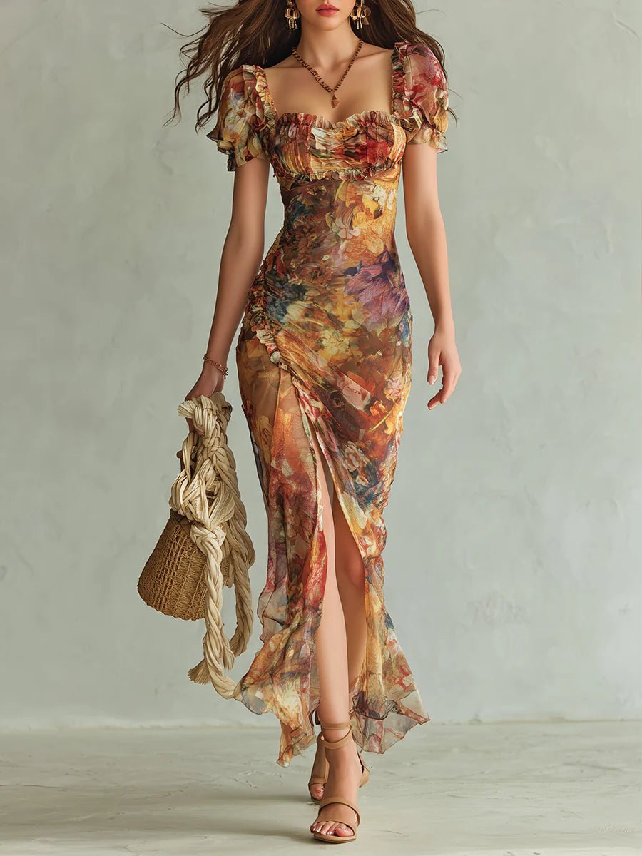 Elfriede — Orange Floral Maxi Dress with Ruffle Sleeves and Front Slit