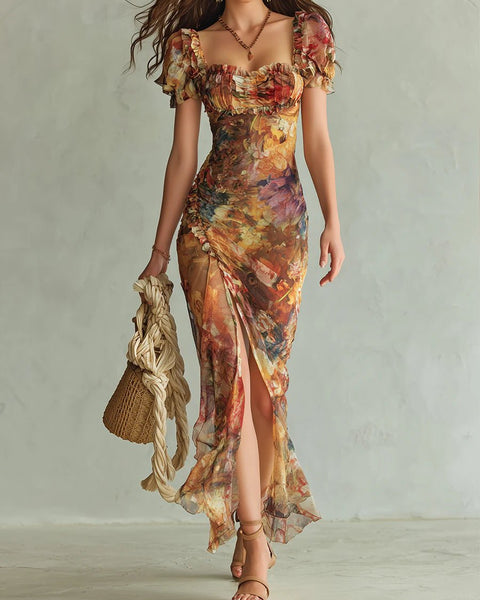 Elfriede — Orange Floral Maxi Dress with Ruffle Sleeves and Front Slit