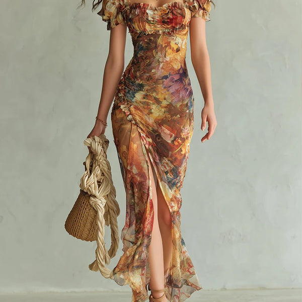 Elfriede — Orange Floral Maxi Dress with Ruffle Sleeves and Front Slit