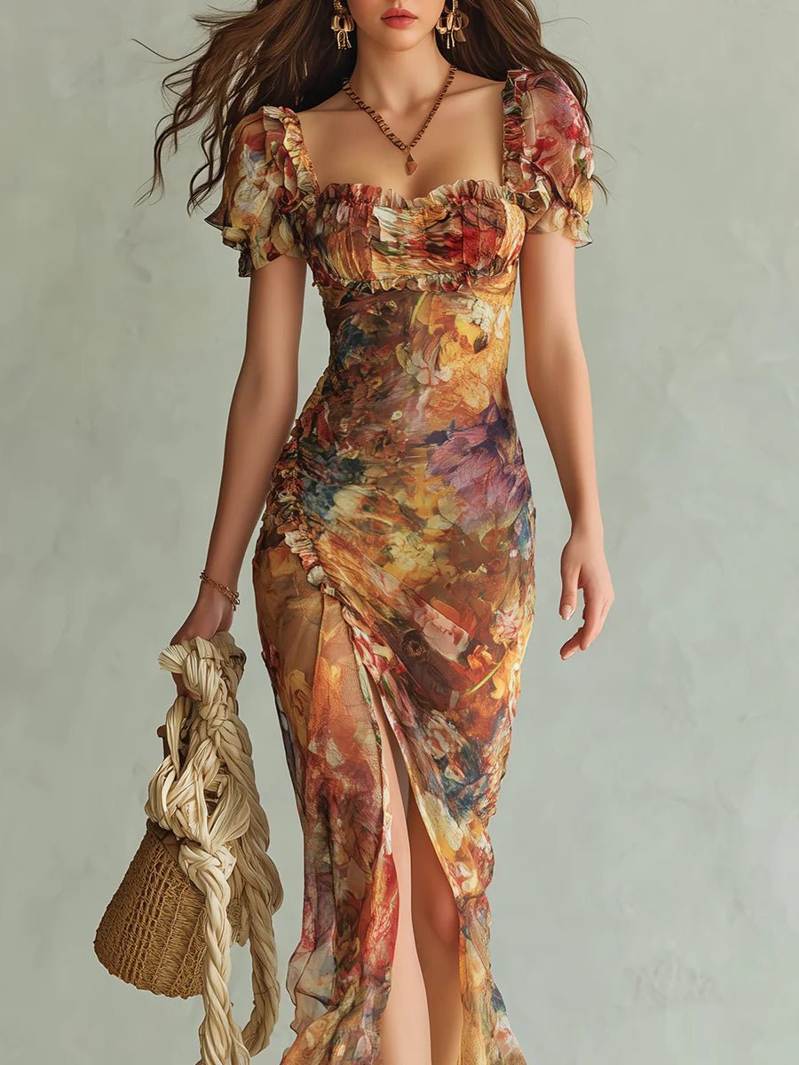 Elfriede — Orange Floral Maxi Dress with Ruffle Sleeves and Front Slit