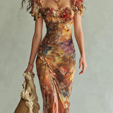 Elfriede — Orange Floral Maxi Dress with Ruffle Sleeves and Front Slit