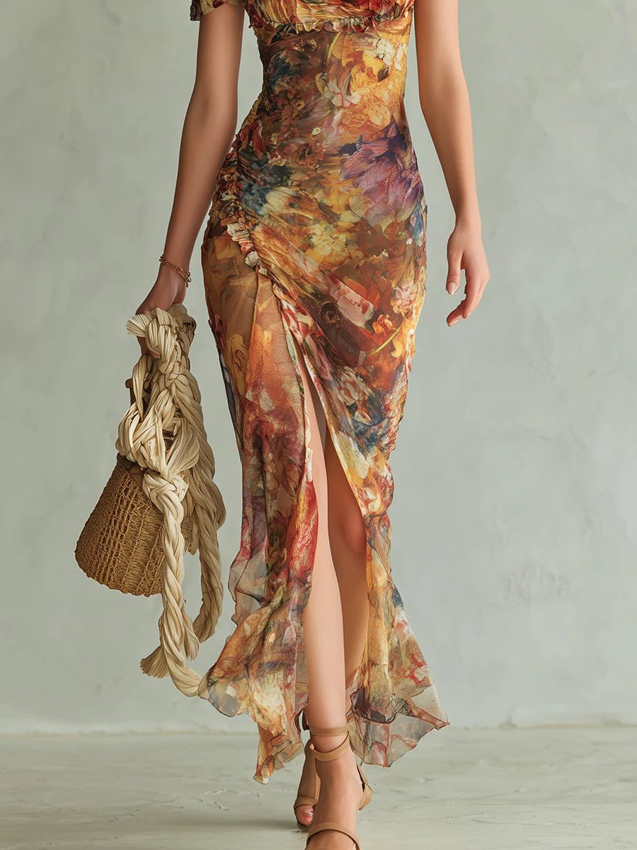 Elfriede — Orange Floral Maxi Dress with Ruffle Sleeves and Front Slit