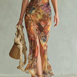 Elfriede — Orange Floral Maxi Dress with Ruffle Sleeves and Front Slit