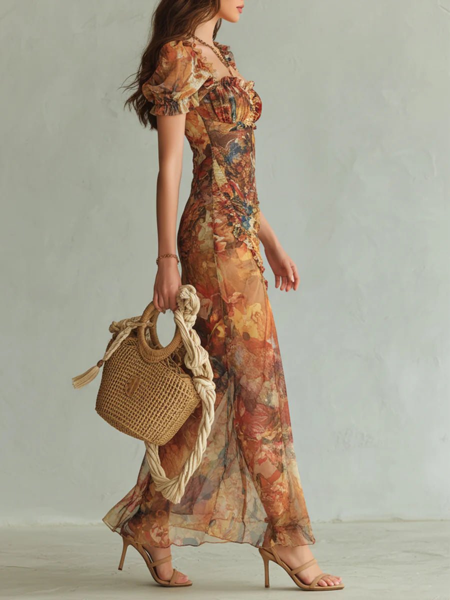 Elfriede — Orange Floral Maxi Dress with Ruffle Sleeves and Front Slit