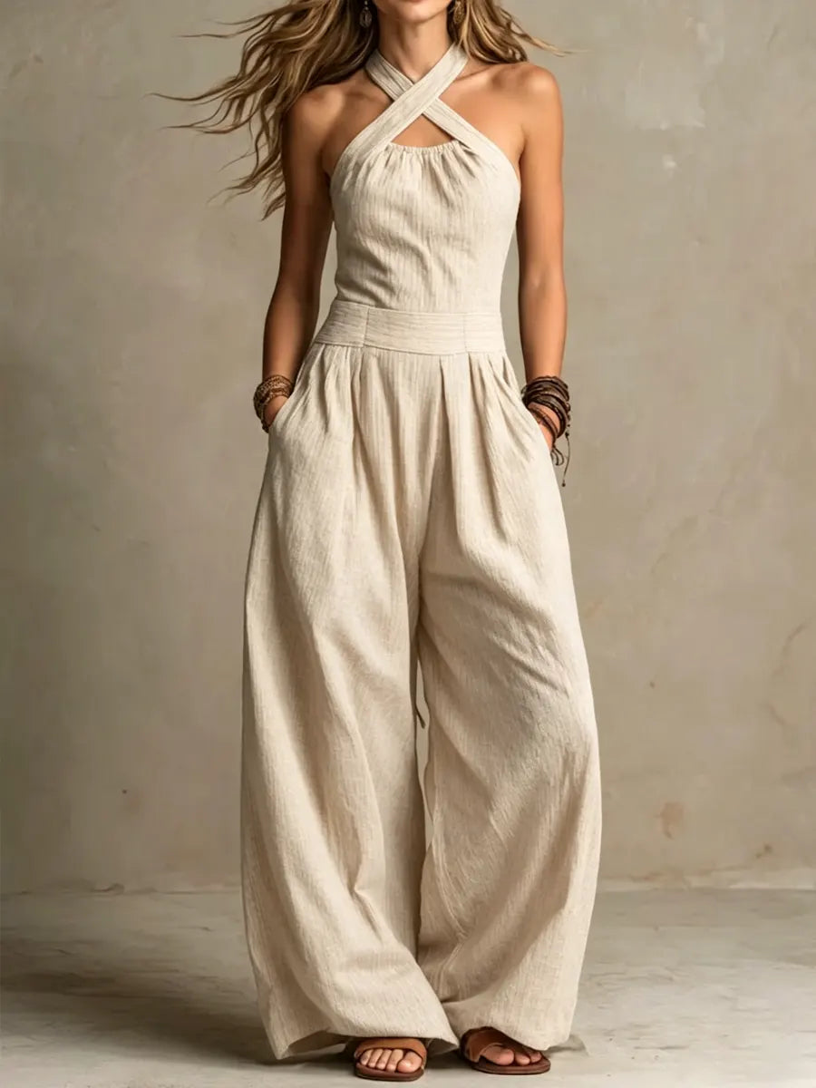 Asenath — Wide-Leg Jumpsuit with Crossover Halter Neckline