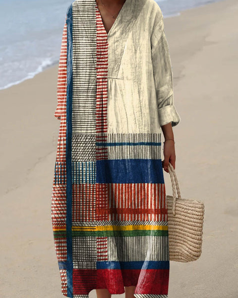 Sabina — Navy and Cream Striped Patchwork Midi Dress