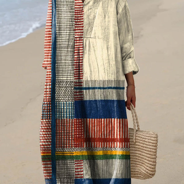 Sabina — Navy and Cream Striped Patchwork Midi Dress