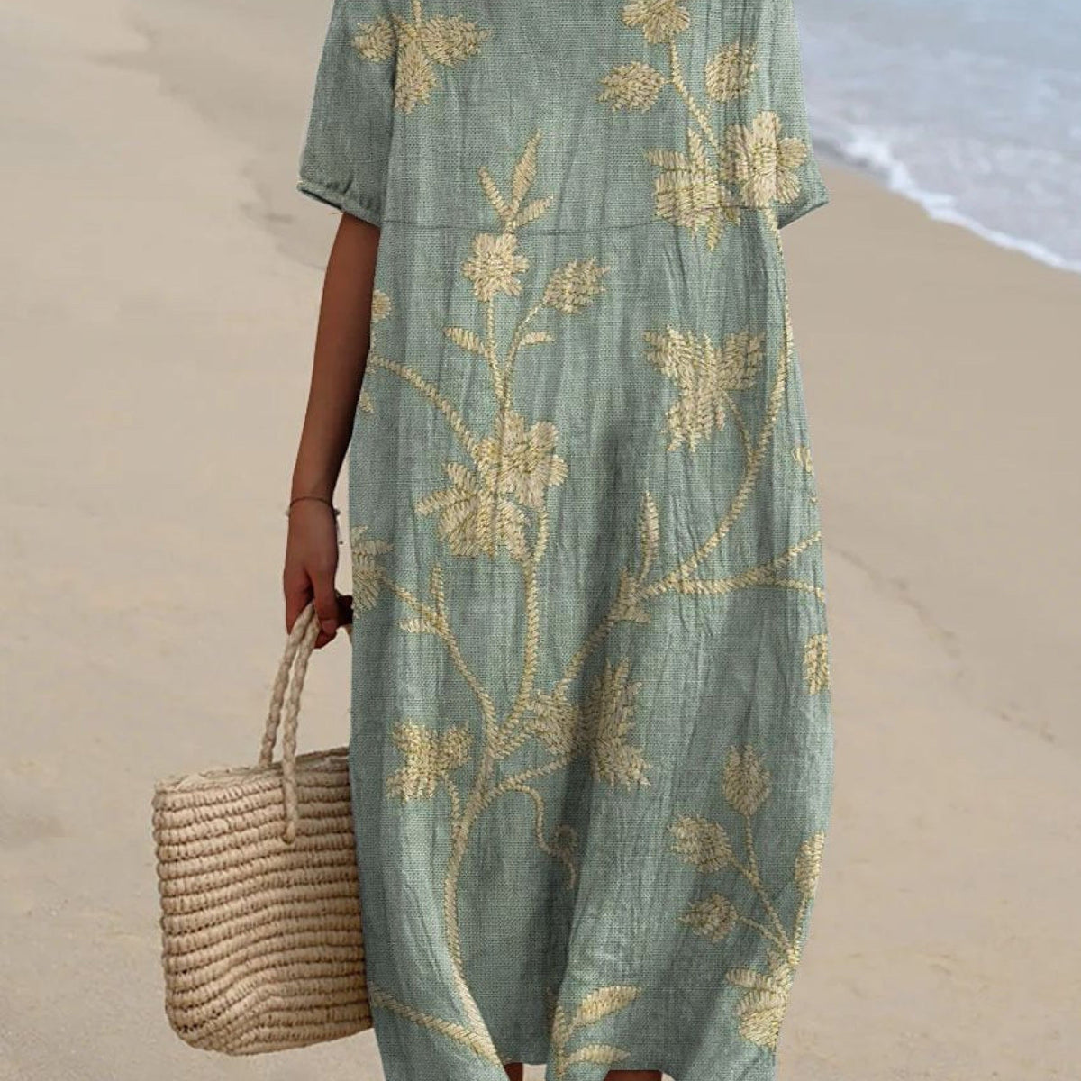 Ursule — Sage Embroidered-Look Floral Midi Dress
