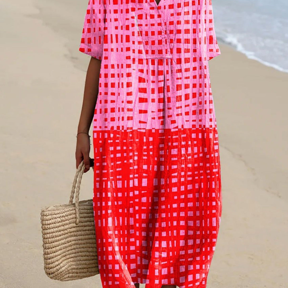 Wynonna — Pink and Red Check Colour-Block Midi Dress