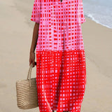 Wynonna — Pink and Red Check Colour-Block Midi Dress