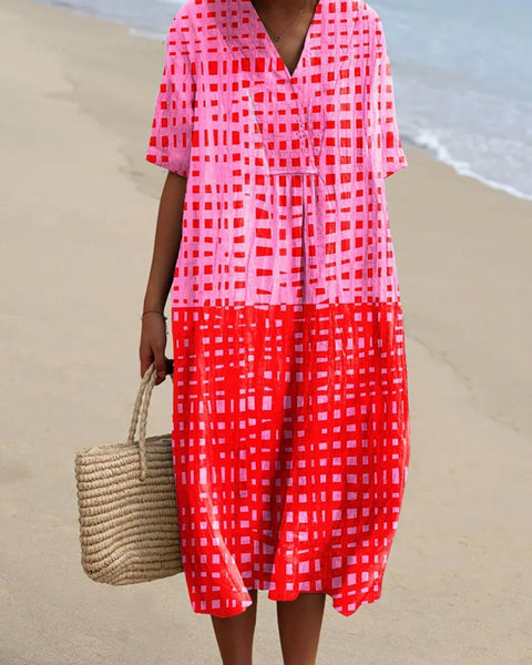 Wynonna — Pink and Red Check Colour-Block Midi Dress