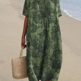 Annabeth — Forest Green Leaf-Print Midi Dress