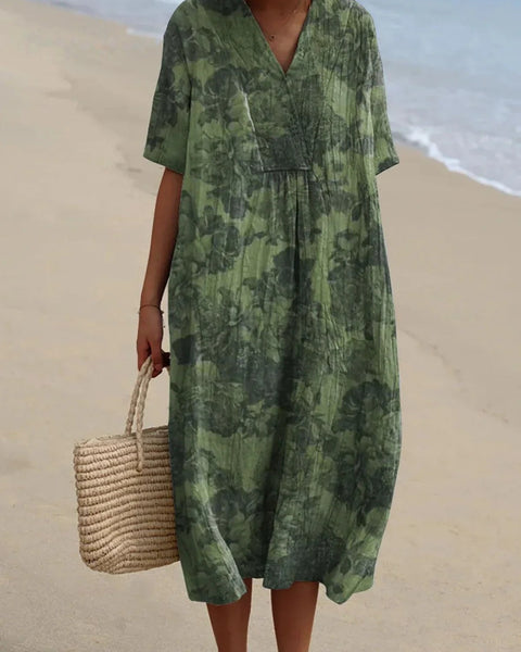 Annabeth — Forest Green Leaf-Print Midi Dress