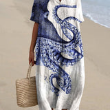 Ysolt — Navy and White Sea-Life Print Midi Dress
