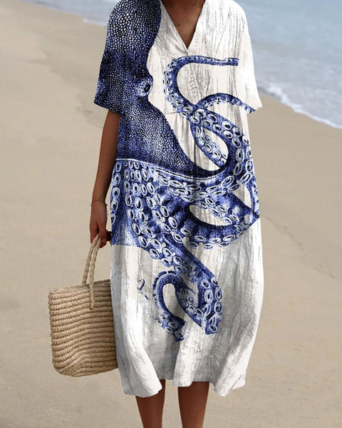 Ysolt — Navy and White Sea-Life Print Midi Dress