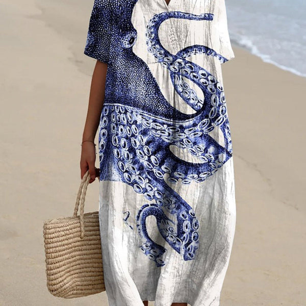 Ysolt — Navy and White Sea-Life Print Midi Dress