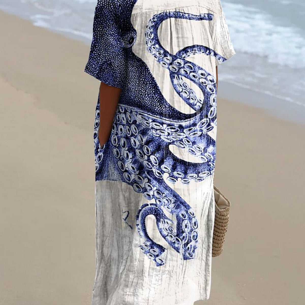 Ysolt — Navy and White Sea-Life Print Midi Dress