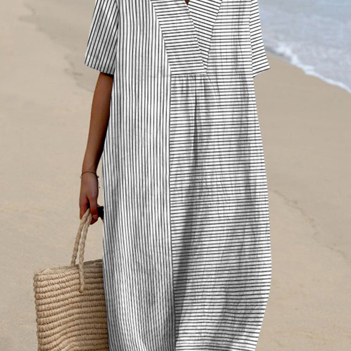 Odalis — Black and White Pinstripe Midi Dress