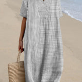 Odalis — Black and White Pinstripe Midi Dress