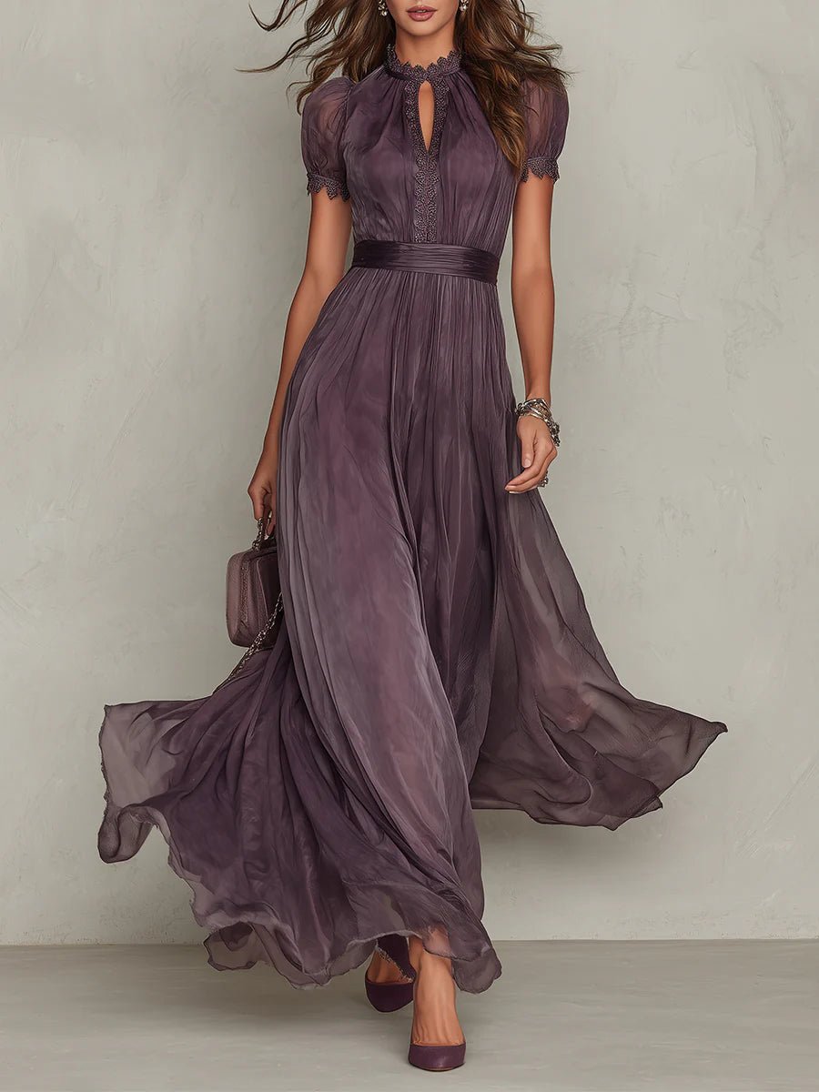 Hildegunn — Plum Keyhole-Neck Maxi Dress with Flutter Sleeves and Waistband