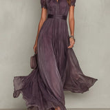 Hildegunn — Plum Keyhole-Neck Maxi Dress with Flutter Sleeves and Waistband