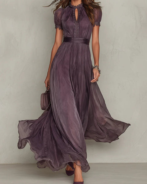 Hildegunn — Plum Keyhole-Neck Maxi Dress with Flutter Sleeves and Waistband