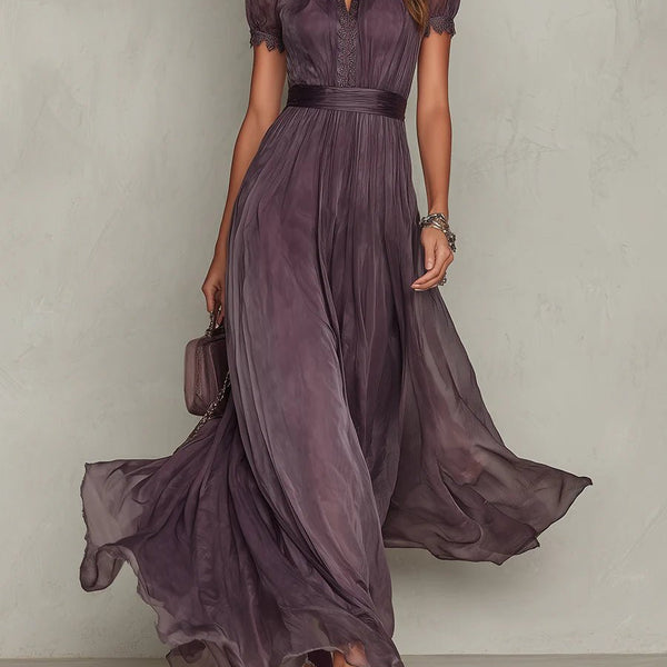 Hildegunn — Plum Keyhole-Neck Maxi Dress with Flutter Sleeves and Waistband