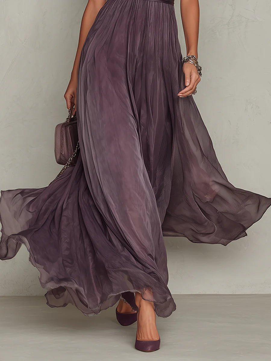 Hildegunn — Plum Keyhole-Neck Maxi Dress with Flutter Sleeves and Waistband