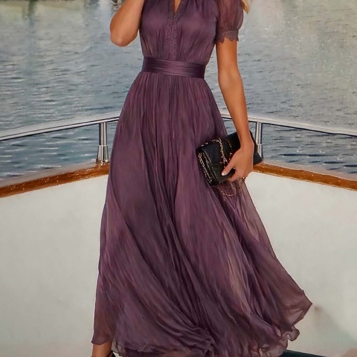 Hildegunn — Plum Keyhole-Neck Maxi Dress with Flutter Sleeves and Waistband
