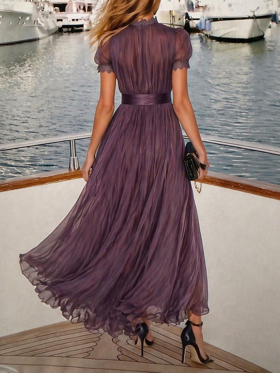 Hildegunn — Plum Keyhole-Neck Maxi Dress with Flutter Sleeves and Waistband
