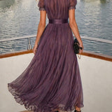 Hildegunn — Plum Keyhole-Neck Maxi Dress with Flutter Sleeves and Waistband