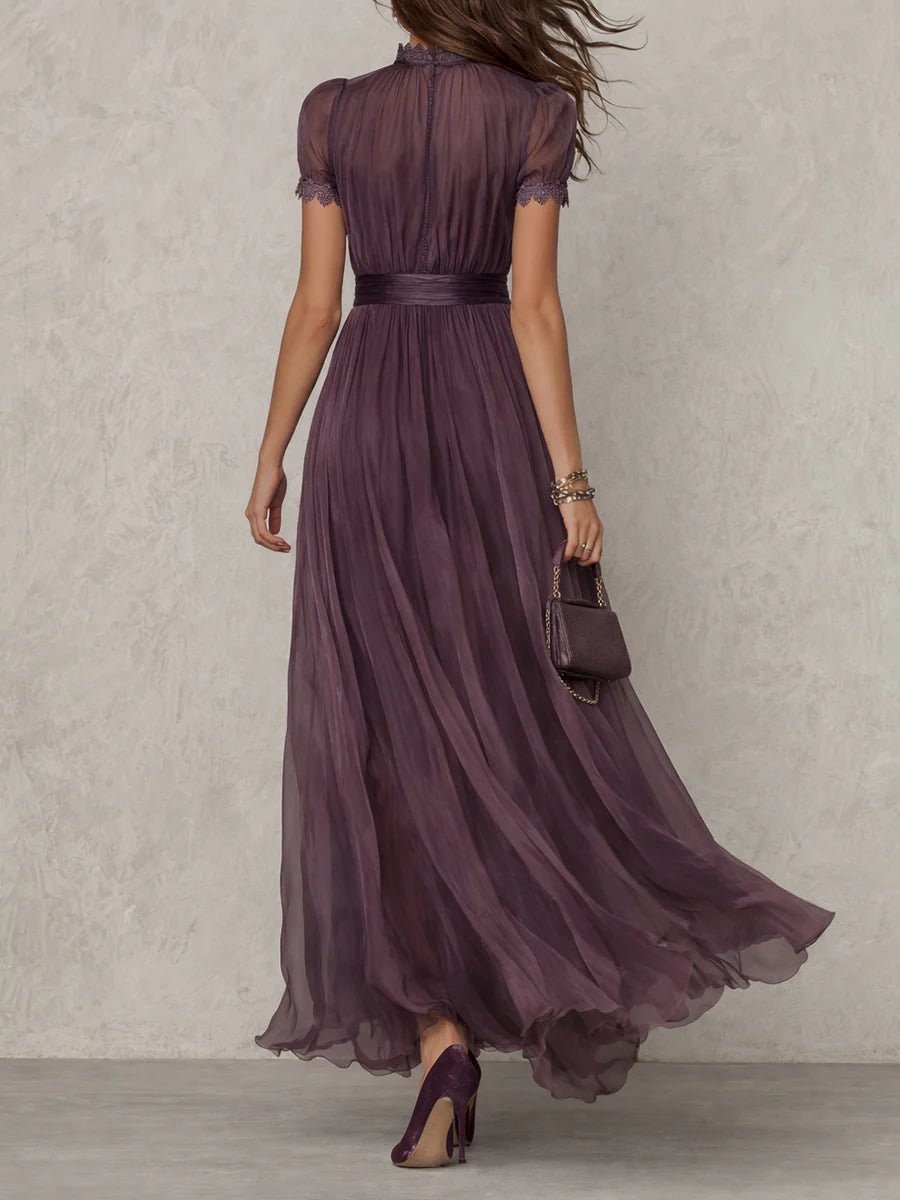 Hildegunn — Plum Keyhole-Neck Maxi Dress with Flutter Sleeves and Waistband