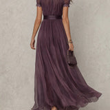 Hildegunn — Plum Keyhole-Neck Maxi Dress with Flutter Sleeves and Waistband