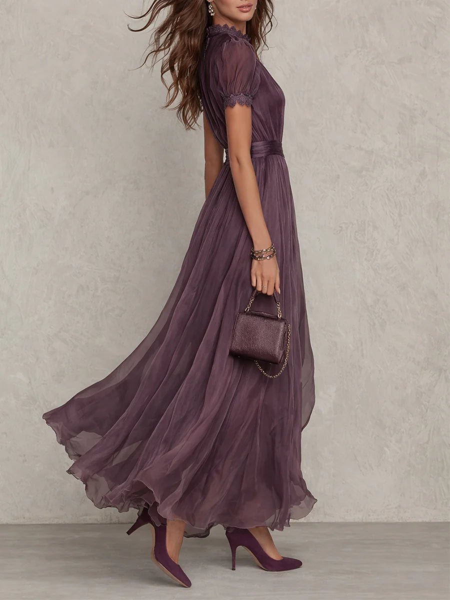 Hildegunn — Plum Keyhole-Neck Maxi Dress with Flutter Sleeves and Waistband