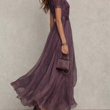 Hildegunn — Plum Keyhole-Neck Maxi Dress with Flutter Sleeves and Waistband
